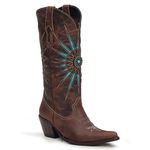 Bota Texana Feminina - Fóssil Castanho / Turquesa - Western - Bico Fino - Cano Longo - Solado Colorplac - Vimar Boots - 10194-A-VR