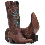 Bota Texana Feminina - Fóssil Castanho / Turquesa - Western - Bico Fino - Cano Longo - Solado Colorplac - Vimar Boots - 10194-A-VR