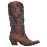 Bota Texana Feminina - Fóssil Castanho / Turquesa - Western - Bico Fino - Cano Longo - Solado Colorplac - Vimar Boots - 10194-A-VR