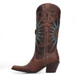 Bota Texana Feminina - Fóssil Castanho / Turquesa - Western - Bico Fino - Cano Longo - Solado Colorplac - Vimar Boots - 10194-A-VR