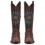 Bota Texana Feminina - Fóssil Castanho / Turquesa - Western - Bico Fino - Cano Longo - Solado Colorplac - Vimar Boots - 10194-A-VR