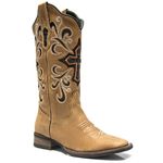 Bota Texana Feminina - Fóssil Caramelo / Bucho Preto com Glitter Prata - Roper - Bico Quadrado - Cano Longo - Solado Nevada - Vimar Boots - 13056-A-VR