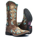 Bota Texana Feminina - Dallas Castor / Turquesa - Roper - Bico Quadrado - Cano Longo - Solado Freedom Flex - Vimar Boots - 13088-A-VR