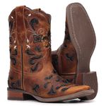Bota Texana Feminina - Fóssil Caramelo / Glitter Preto - Roper - Bico Quadrado - Cano Curto - Solado Nevada - Vimar Boots - 13112-C-VR 