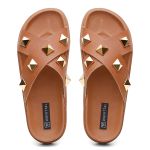 Sandália Birken Feminina em Couro Vittal Marina Caramelo Tiras Cruzadas com Sparkle - R0140Caramelo