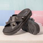 Sandália Birken Feminina em Couro Vittal Marina Preto Tiras Cruzadas com Sparkle - R0140Preto