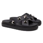 Sandália Birken Feminina em Couro Vittal Marina Preto Tiras Cruzadas com Sparkle - R0140Preto