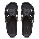 Sandália Birken Feminina em Couro Vittal Marina Preto Tiras Cruzadas com Sparkle - R0140Preto