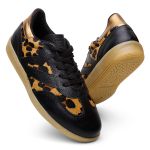 Tênis Feminino Em Couro Vittal Estela Preto e Leopardo