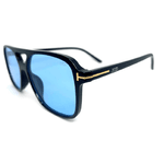 Óculos de sol HD Phoenix Blue e com armação preta, detalhe dourado na haste, lente azul e proteção UV