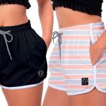 Kit 2 Shorts Feminino Preto e Listrado Rosa Moda Praia ou Academia W2 Premium