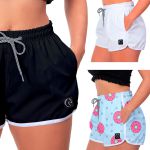 Kit 3 Shorts Feminino Preto Branco e Rosquinhas Moda Praia ou Academia W2 Premium