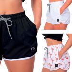 Kit 3 Shorts Feminino Preto Branco e Flamingos Moda Praia ou Academia W2 Premium