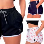 Kit 3 Shorts Feminino Preto Azul e Flamingos Moda Praia ou Academia W2 Premium