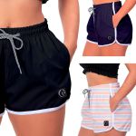 Kit 3 Shorts Feminino Preto Azul e Listrado Rosa Moda Praia ou Academia W2 Premium