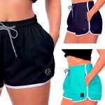 Kit 3 Shorts Feminino Preto Azul e Azul Bebê Moda Praia ou Academia W2 Premium