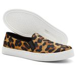 Slip On Couro Pêlos Feminino Solado Flat Casual Onça