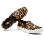 Slip On Couro Pêlos Feminino Solado Flat Casual Onça