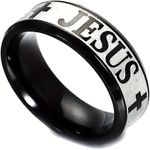 Anel em Aço Inoxidável com Cruz e Inscrição "JESUS" - Tamanho Grande (8mm)