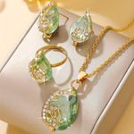 Conjunto de Joias Elegantes com Quatro Peças de Pedras Verdes, Colar de Luxo para Mulheres, Brincos e Anel, Estilo Sofisticado para Festas e Presente para Senhoras e Namoradas