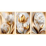 40x60cm Quadro decorativo para salas e quartos tulipas brancas e douradas luxo gold 3 peças n010
