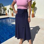 Saia Feminina Midi Linho Cinto - Marinho