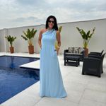 Vestido Feminino Longo Detalhe Ombro - Azul Claro