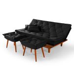 Sofá Cama Preto Caribe Reclinável em Suede Com 2 Banquetas