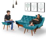 Sofá Cama Azul Turquesa Casal 3 Lugares em Suede + 2 Banquetas - Caribe