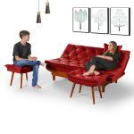 Sofá Cama Vermelho Casal 3 Lugares em Suede + Duas Banquetas - Caribe