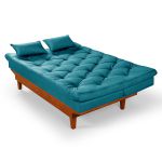 Sofá Cama Azul Turquesa Casal 3 Lugares em Suede + 2 Banquetas - Caribe