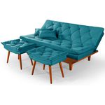 Sofá Cama Azul Turquesa Casal 3 Lugares em Suede + 2 Banquetas - Caribe