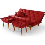 Sofá Cama Vermelho Casal 3 Lugares em Suede + Duas Banquetas - Caribe