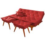 Sofá Cama Courino Vermelho Caribe Reclinável + Duas Banquetas