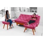 Sofá Cama Courino Rosa Pink Caribe Reclinável + Duas Banquetas