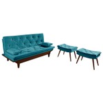 Sofá Cama Azul Turquesa Caribe em Suede + 2 Banquetas