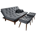 Sofá Cama Cinza Caribe em Suede Com Duas Banquetas 