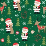 Tecido Tricoline 100% algodão Papai Noel e Rena fundo verde - (Natal)