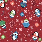 Tecido Tricoline 100% algodão Pinguim fundo vermelho - (Natal)