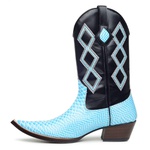 Bota Country Texana Masculina Bico Fino Couro Anaconda Azul Celeste e Mustang Preto