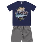 Conjunto Infantil De Menino Camiseta Azul Marinho Carro + Bermuda Tectel