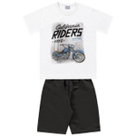 Conjunto Infantil De Menino Camiseta Branca Moto + Bermuda Tectel