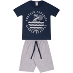Conjunto Infantil Verão Menino Camiseta Marinho Paradise e Bermuda Cinza