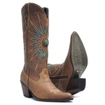 Bota Texana Feminina - Fóssil Castanho / Turquesa - Western - Bico Fino - Cano Longo - Solado Colorplac - Vimar Boots - 10194-A-VR