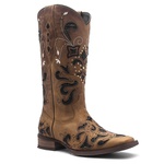 Bota Texana Feminina - Fóssil Caramelo / Craquelê Preto - Roper - Bico Quadrado - Cano Longo - Solado Nevada - Vimar Boots - 13104-B-VR