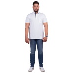 Camisa Polo Masculina Com Bolso Branca Detalhe Azul Marinho Piquet Premium 