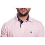 Camisa Polo Masculina Rosa Bebê Detalhe Azul Marinho Piquet Premium 