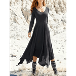 Vestido Saia de bainha irregular de mangas compridas com decote em v feminino, fundo apertado, vestido solto, simples, sólido, plus size