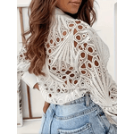 Camisa feminina de botão, manga comprida, camisa de botão, lapela e frente aberta, casual, oco, plus size,
