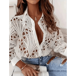 Camisa feminina de botão, manga comprida, camisa de botão, lapela e frente aberta, casual, oco, plus size,